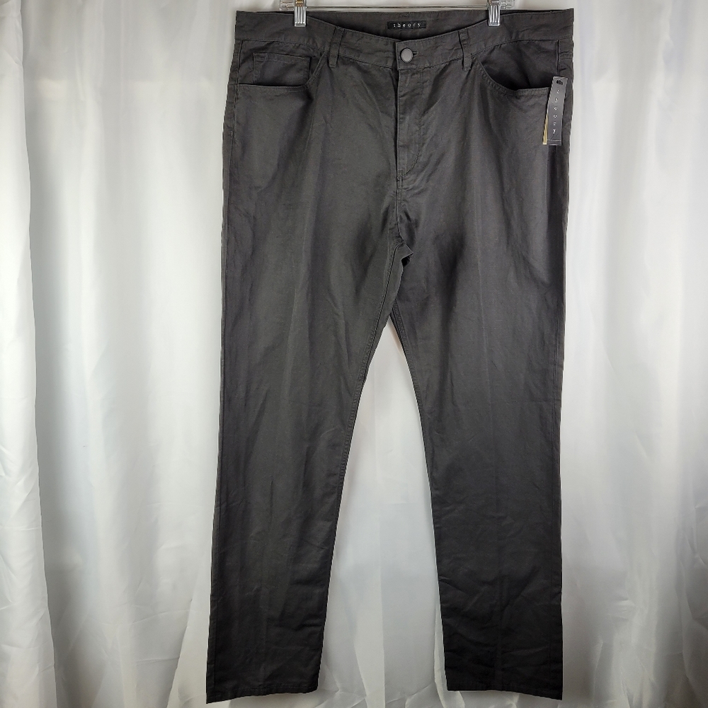 NEW Theory Mens Haydin Straight Slim Fit Linen Blend Black Trouser Pants Size 40